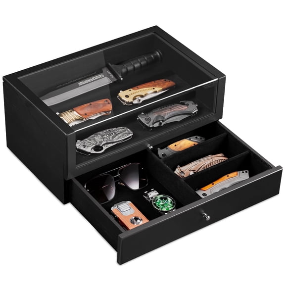 Knife Display Case for Pocket Knife Collections, 3 Tier Knife Case Storage Box for Folding Knives, Solid Wooden Knife Organizer with Glass Lid Drawer,Black