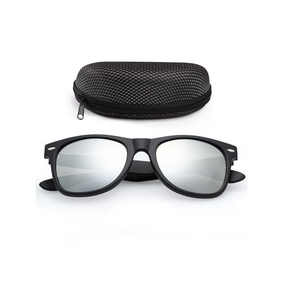 Sunglasses for Women Men with Case, Silver Mirrored 54mm Shatterproof Lens, Horn Rimmed Matte Black Frame,UV400 Protection
