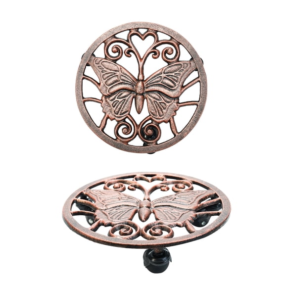 Sungmor 2 Pack Cast Iron Plant Caddy with Wheels - 11 Inch Rolling Plant Stand Round Planter Rollers - Butterfly Design Movable Plant Trays - Indoor Outdoor Flower Pot Trolley Rolling Coaster