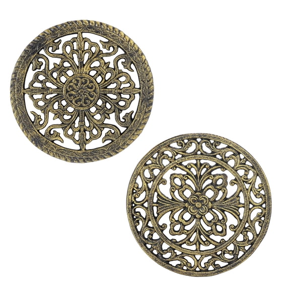 Sungmor 2 Pack Cast Iron Trivets for Hot Dishes - Round Decorative Metal Pot Plate Holder, Heat Resistant Table & Counter Protector for Kitchen and Dining - Vintage Scroll Pattern, Gold Finish