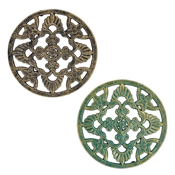 Sungmor 2 Pack Cast Iron Trivets for Hot Dishes - Round Decorative Metal Pot Plate Holder, Heat Resistant Table & Counter Protector for Kitchen and Dining - Vintage Scroll Pattern, Teal & Gold Finish
