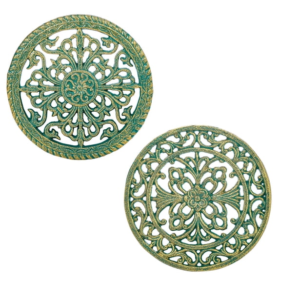 Sungmor 2 Pack Cast Iron Trivets for Hot Dishes - Round Decorative Metal Pot Plate Holder, Heat Resistant Table & Counter Protector for Kitchen and Dining - Vintage Scroll Pattern, Teal Finish