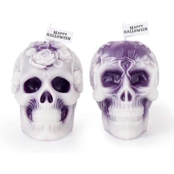 Sungmor 2 Pack Halloween Skull Molded Candles, Gothic Skull Scented Candle with Floral DesignSpooky & Elegant Decor for Home,Kitchen,Coffee or Dinner Table,100% Natural Soy Wax