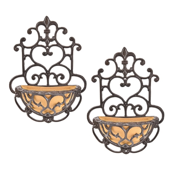 Sungmor Planter Basket with Fabric Liner, Antique Cast Iron Wall Planter Holder, 15.7" Half Round Pot, 2-Pack