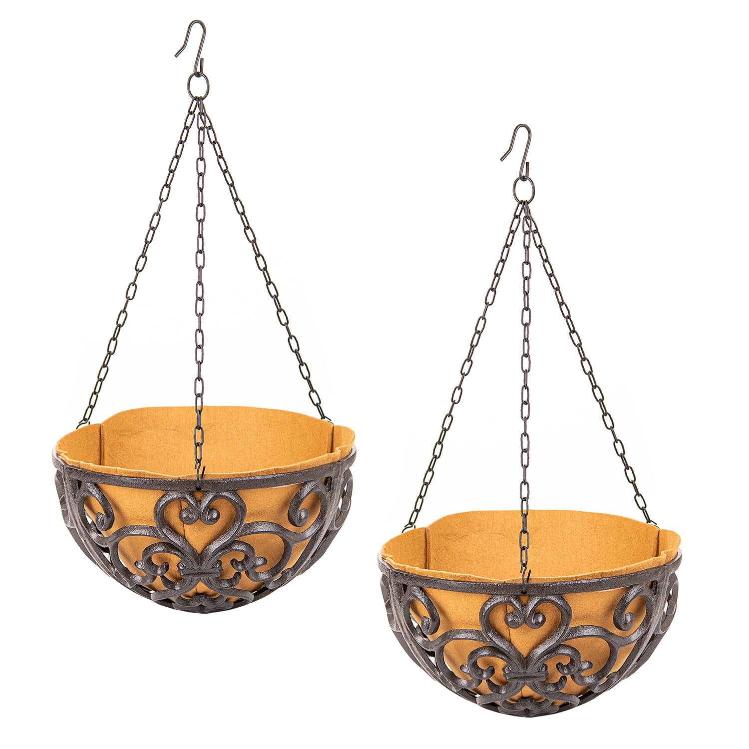 Sungmor 2PC 11" Dia. Large Cast Iron Hanging Baskets w/Fabric Liner, Rustic Brown Heavy-Duty Outdoor Hanging Planters Plant Pot Holders, Garden Yard Terrace Patio Porch Decorative Metal Flower Basket