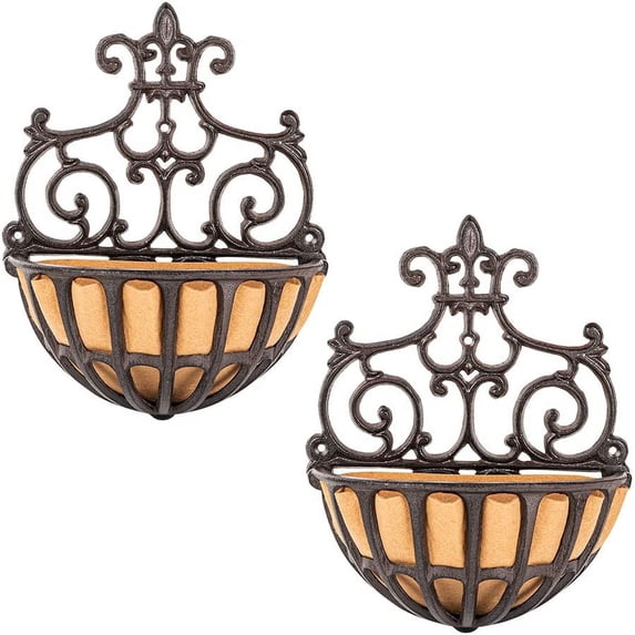 Sungmor Cast Iron Wall Baskets, Hollow Planter w/Fabric Liner, Half-Round Wall Pot Plants Holder, 2-Count