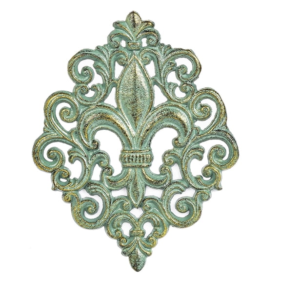Sungmor Antique Fleur-de-lis Cast Iron Wall Plaque - Vintage Victorian Scrollwork Metal Decor, Rustic Ornate Wall Art for Home Living Room, Farmhouse, Patio - Vintage Green Finish