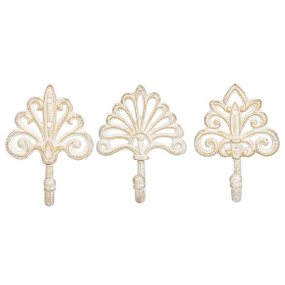 Sungmor Beautiful Shabby Chic Cast Iron Wall Hanging Hooks, 3PC Large & Heavy Duty Decorative Wall Coat Hooks, Pretty Antique White Wall Mounted Key Hooks, Scarf Bag Towel Hangers Wall Decoration