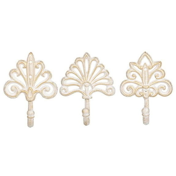Sungmor Beautiful Shabby Chic Cast Iron Wall Hanging Hooks, 3PC Large & Heavy Duty Decorative Wall Coat Hooks, Pretty Antique White Wall Mounted Key Hooks, Scarf Bag Towel Hangers Wall Decoration