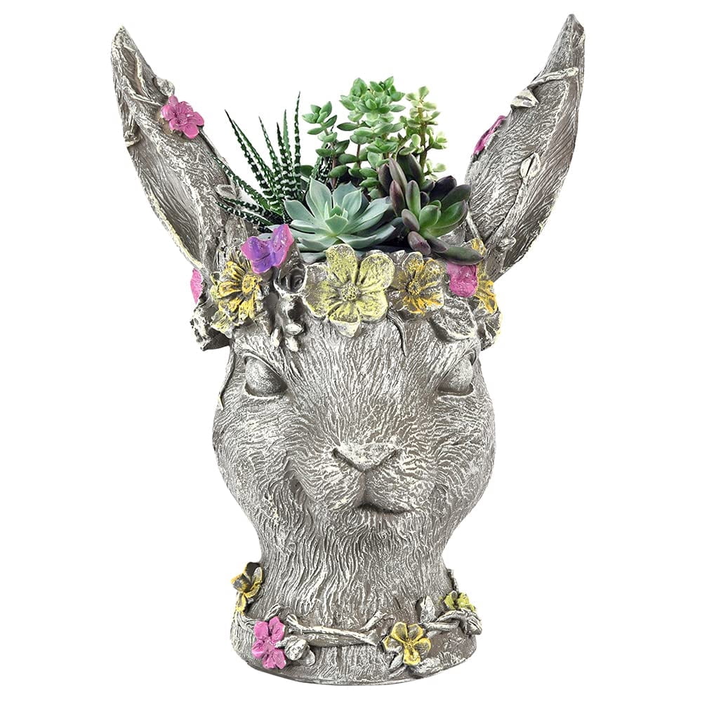 Sungmor Resin Large Garden Planter 14.6" Indoor Outdoor Gray Rabbit Ornament Decorative Flower Pot