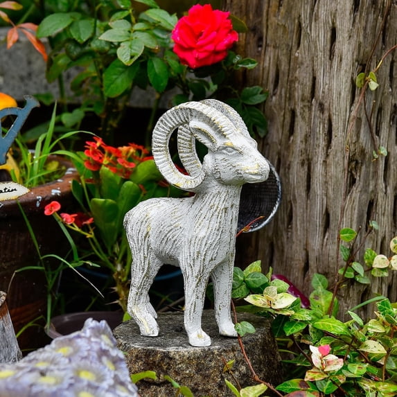 Sungmor Cast Iron Goat Statue, Vintage Home Decor Antelope Sculpture, Outdoor Garden Lawn Animal Figurine, Indoor Bookshelf Tabletop Ornament, Rustic White