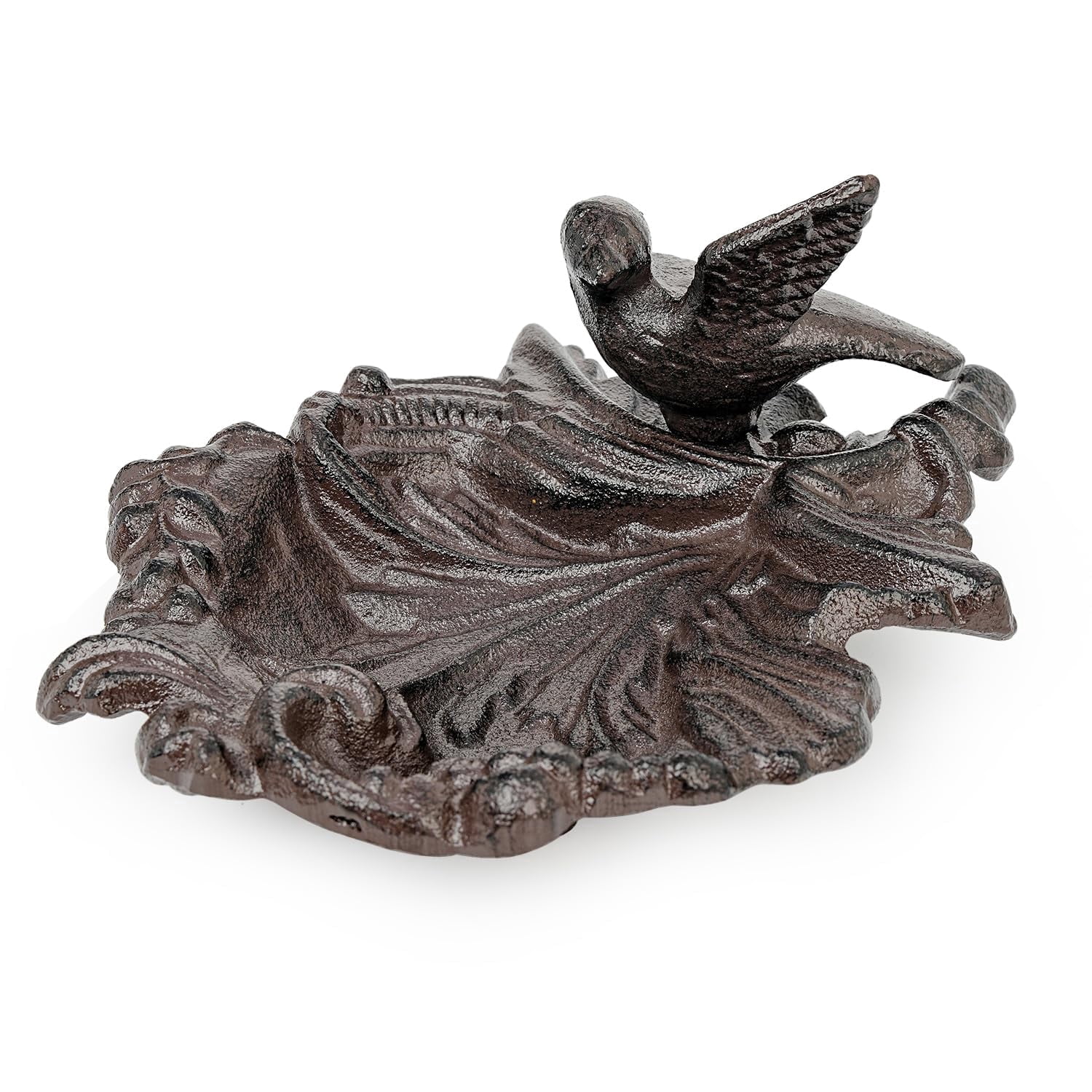 Sungmor Cast Iron Bird Feeder Dish, Rustic Brown Small Bird Feeding Tray, Decorative Leaf-Shaped Outdoor Bath Bowl Food Container for Garden, Patio or Yard