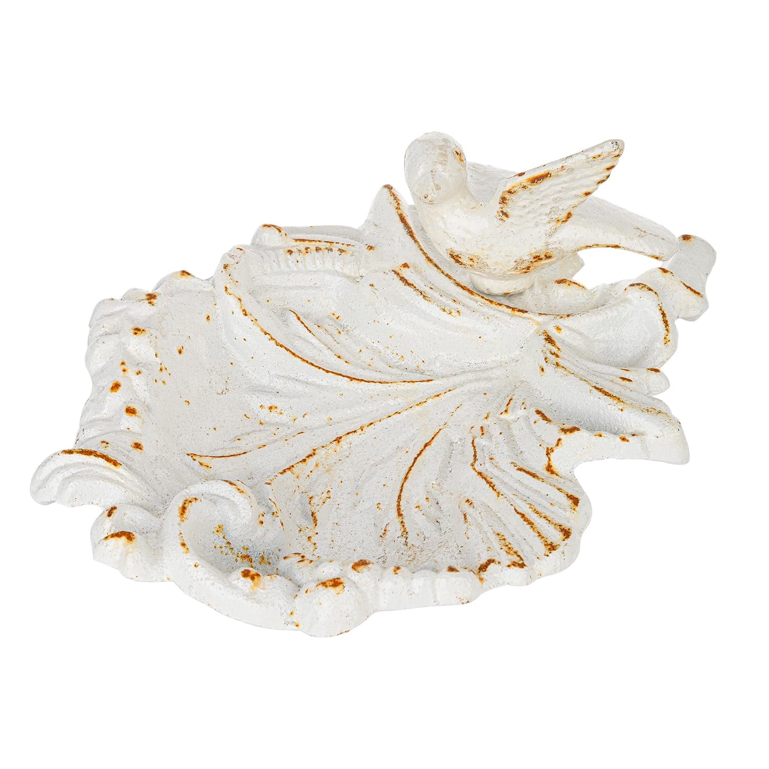 Sungmor Cast Iron Bird Feeder Dish, Rustic White Small Bird Feeding Tray, Decorative Leaf-Shaped Outdoor Bath Bowl Food Container for Garden, Patio or Yard