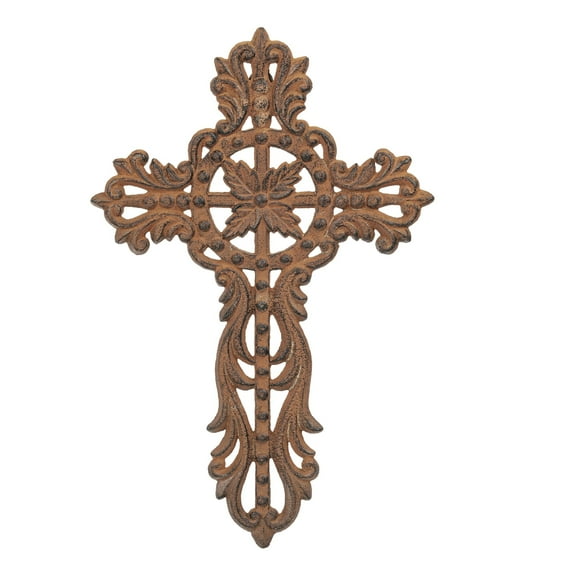Sungmor Cast Iron Cross Wall Decor, Pretty & Ornate Metal Cross Wall Art, Vintage Decorative Outdoor Hanging Cross, Rustic Brown Religious Wall Sculpture Farmhouse Home Decor