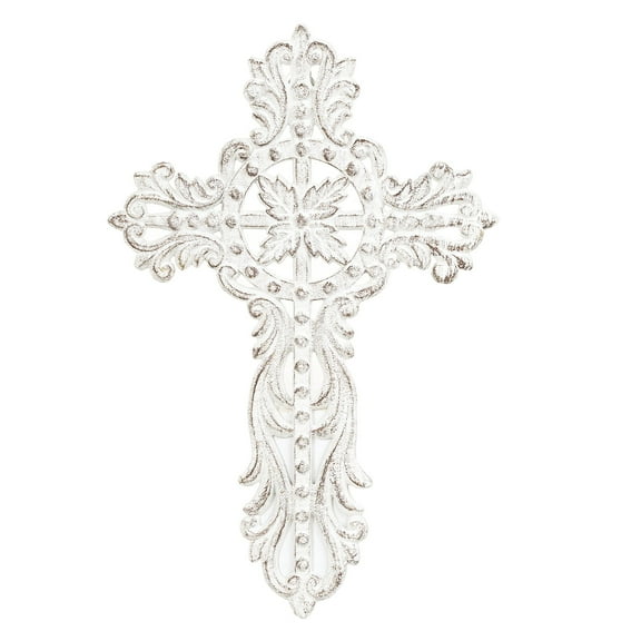 Sungmor Cast Iron Cross Wall Decor, Pretty & Ornate Metal Cross Wall Art, Vintage Decorative Outdoor Hanging Cross, Rustic White Religious Wall Sculpture Farmhouse Home Decor