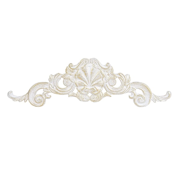 Sungmor Cast Iron Fleur De Lis Wall Decor, Vintage White Metal Flower Scrolled Wall Pediments Decor, 15.5" Long Carved Appliques Onlays, Wall Door Cabinet Mantel Topper Corner Carving Decals