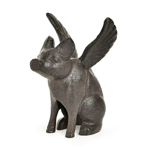 Sungmor Cast Iron Flying Pig Statue, Whimsical Sitting Pig Garden Decorative Statue, Rustic Black Brown Home Office Desk Paperweight Doorstop, Cute Collectible Figurine Bookshelf Ornament