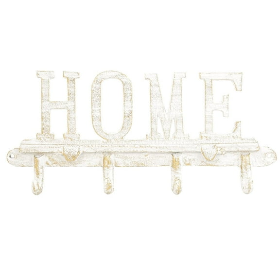 Sungmor Cast Iron Key Holder for Wall, Vintage White Home Shape Key Rack with 4 Hooks, Rustic Wall Mount Key Organizer Hanger, Decorative Utility Hooks for Entryway, Front Door, Home Decor