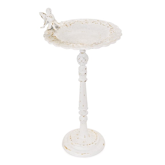 Sungmor Cast Iron Ornate Bird Bath for Garden, 21" Tall Vintage White Birdbath with Angel Statue Decor, Outdoor Standing Bird Water Bowl, Decorative Pedestal Bird Feeder for Patio Deck Backyard