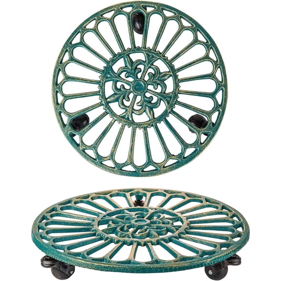 Sungmor Cast Iron Plant Caddy with Wheels, 2PC 14.8" Large & Rolling Plant Stands, Pretty Garden Pots Tall Planter Dolly, Round Flower Pot Mover Metal Plant Pallet Trolley Tray with Casters