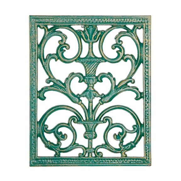 Sungmor Cast Iron Scroll Wall Decor, Flower Carved Artwork, 12x15 Inch Intricate and Pretty Plaque, Living Room, Bedroom Decorations, Antique Green with Gold Accent