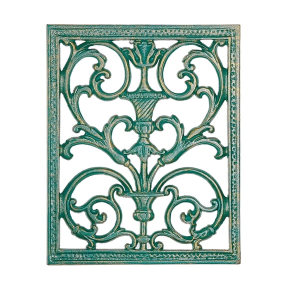 Sungmor Cast Iron Scroll Wall Decor, Flower Carved Artwork, 12x15 Inch Intricate and Pretty Plaque, Living Room, Bedroom Decorations, Antique Green with Gold Accent