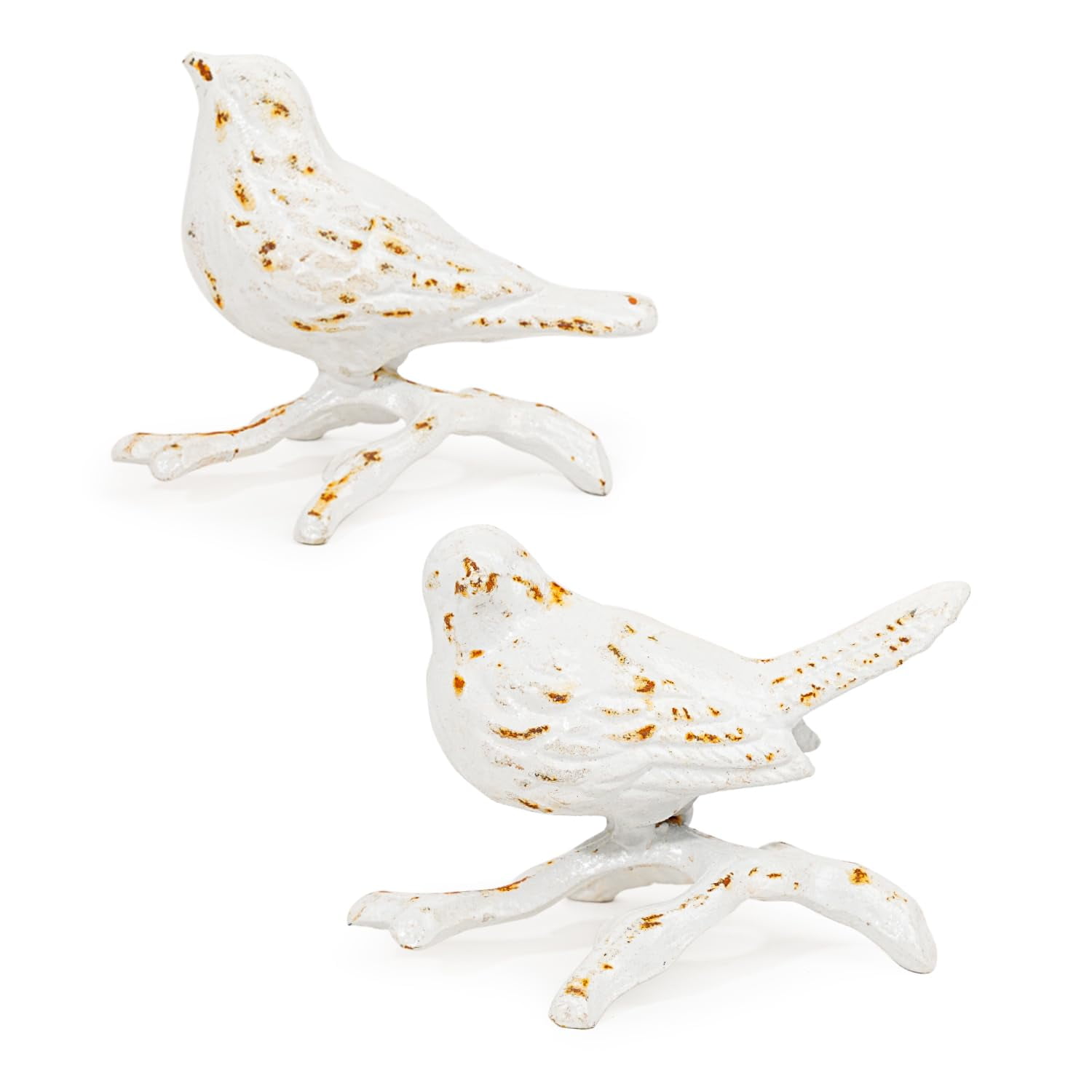 Sungmor Cast Iron Small Bird Statues, Set of 2 Antique White Bird with Branch Collectible Figurines, Farmhouse Home Garden Decorative Bird Sculpture, Realistic Indoor and Outdoor Ornaments