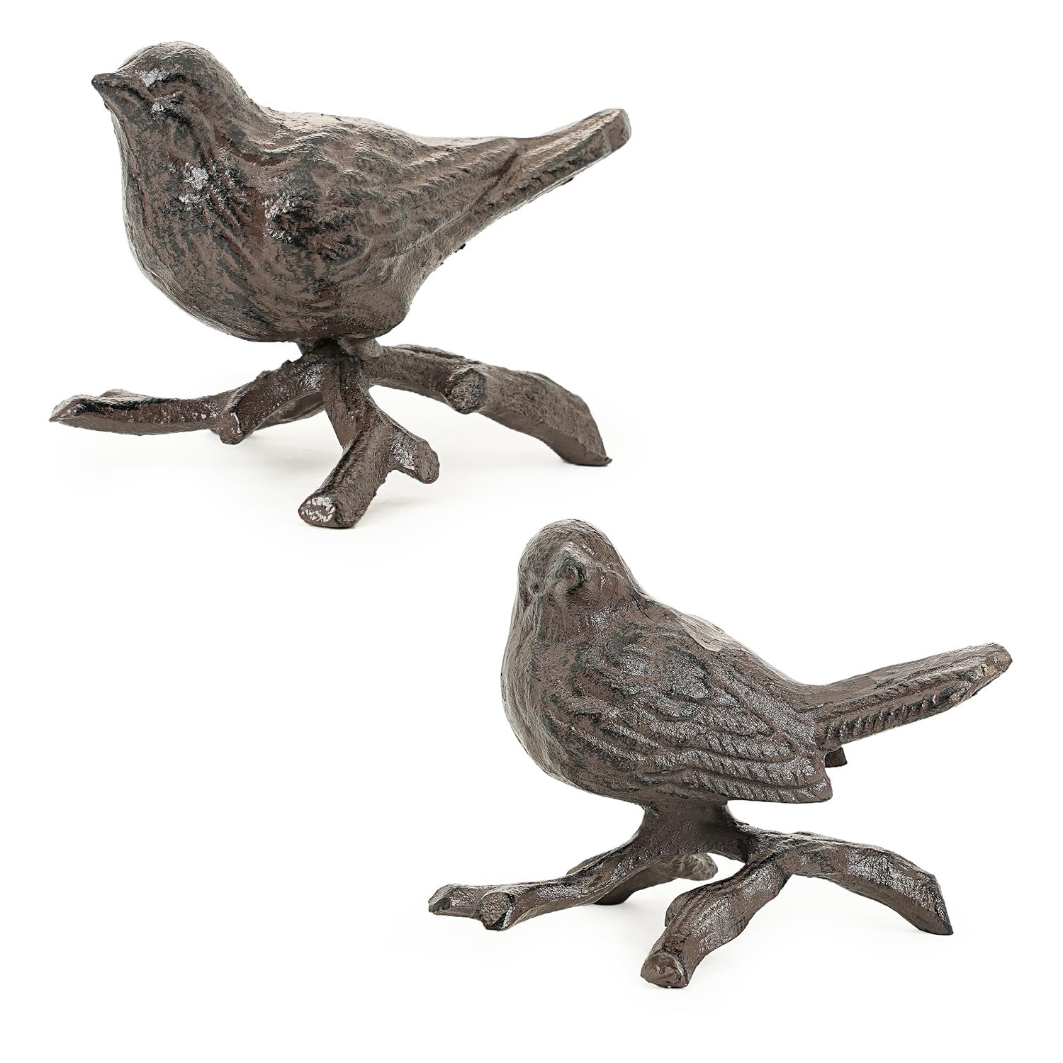 Sungmor Cast Iron Small Bird Statues, Set of 2 Rust Brown Bird with Branch Collectible Figurines, Farmhouse Home Garden Decorative Bird Sculpture, Realistic Indoor and Outdoor Ornaments