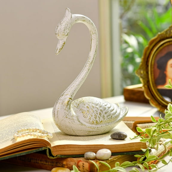 Sungmor Cast Iron Swan Garden Statue, White Elegant Swan Sculpture Outdoor Animal Figurine, Yard Patio Lawn Deck Ornament, Home Decoration Piece