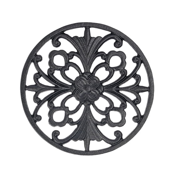 Sungmor Cast Iron Trivet with Intricate Floral Design,Dia-9.2 Inch Heat-Resistant Pot Holder for Kitchen Counter Protection and Dining- Round Decorative Metal Pot Plate Holder,Black Finish
