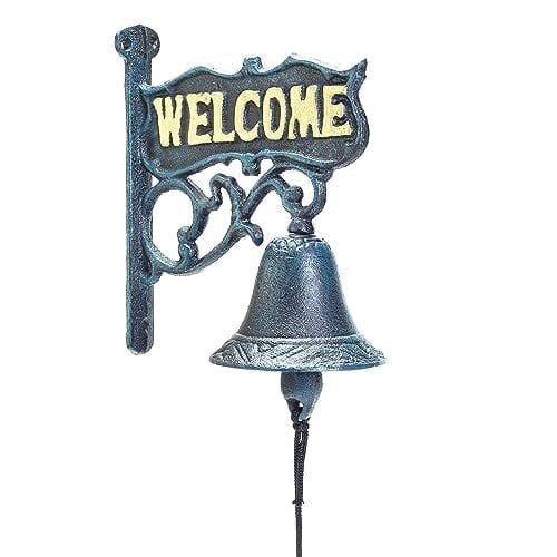 Sungmor Cast Iron Wall Hanging Bell Welcome Sign - Decorative Vintage Green Flower Vine Manually Shaking Doorbell - Indoor Outdoor Wall Mounted Dinner Bell - Garden Home Wall Art Decoration
