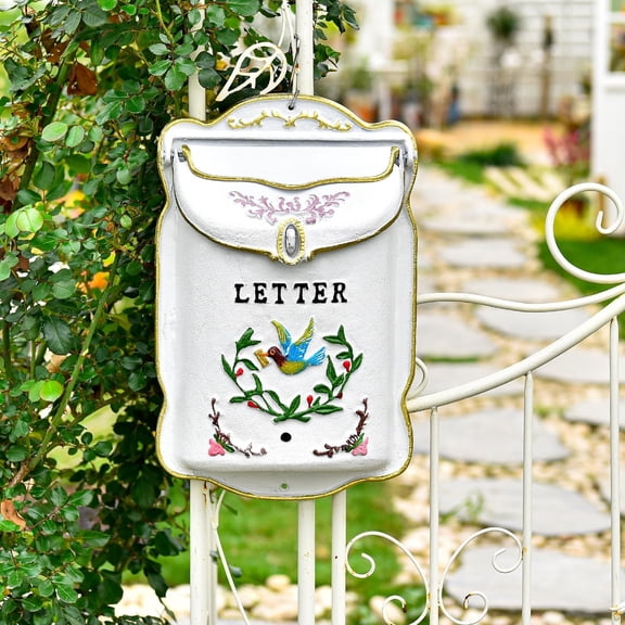 Sungmor Cast Iron Wall Mount Mailbox, Country Style Post Box for Outside, Vintage White Locking Mailbox, Decorative Heavy Duty