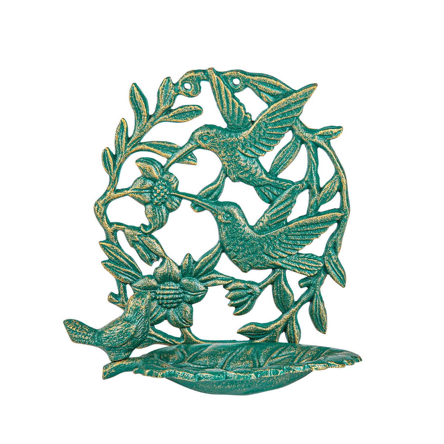 Sungmor Cast Iron Wall Mounted Bird Feeder, Cute Hummingbird Decor Small Water Bath, Wall Hanging Fence Bird Bath Feeder, Beautiful Green Birdfeeder for Garden Backyard Patio Wall Decoration