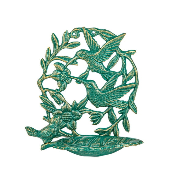Sungmor Cast Iron Wall Mounted Bird Feeder, Cute Hummingbird Decor Small Water Bath, Wall Hanging Fence Bird Bath Feeder, Beautiful Green Birdfeeder for Garden Backyard Patio Wall Decoration