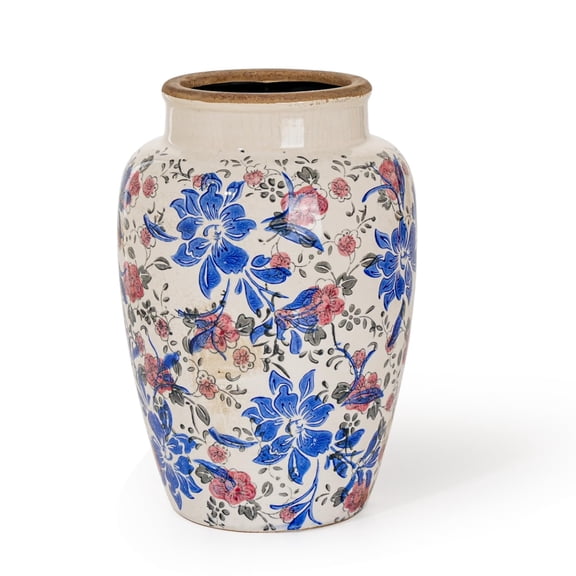 Sungmor Ceramic Flower Vase, Vintage Ice Cracked Glaze Porcelain Vase, Pretty Home Decor Vase for Flower Arrangement, Fresh Flowers, 10.2 Inch Tall Chinoiserie Pottery Vase, Blue Floral Pattern