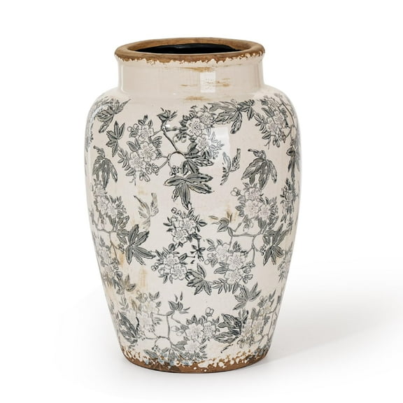 Sungmor Ceramic Flower Vase, Vintage Ice Cracked Glaze Porcelain Vase, Pretty Home Decor Vase for Flower Arrangement, Fresh Flowers, 10.2 Inch Tall Chinoiserie Pottery Vase, Gray Floral Pattern