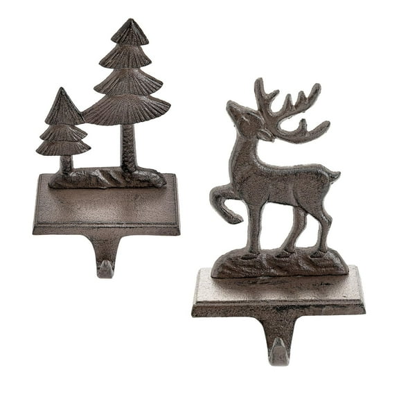 Sungmor Christmas Stocking Holders, 2PC Cast Iron Mantel Hooks Home Decor Holiday Gifts, Heavy-Duty Anti-Slip Fireplace Hangers, Christmas Tree Reindeer Pattern Hooks for Xmas Shelf Topper Decoration