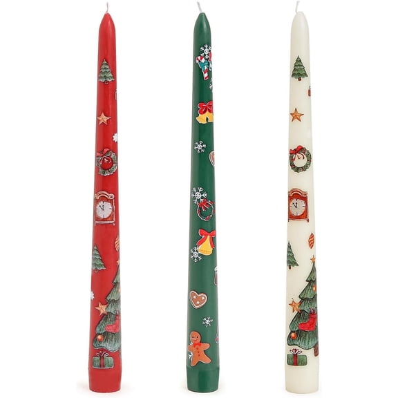 Sungmor Christmas Taper Candlesticks, Beautiful 3-Color Decal Crafts, 10" Long Decorative Candles, Scented & Colored Tall Candlesticks, Long Burning & Smokeless Tapered Holiday Party Celebrate Candle