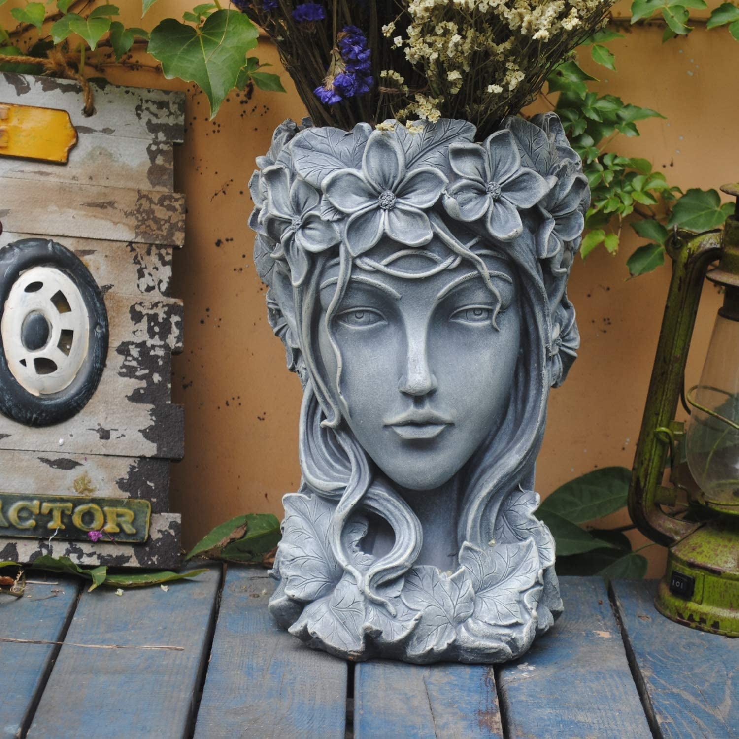 Sungmor Goddess Head Resin Planter for Garden Gray 9×9×14 In Ornaments