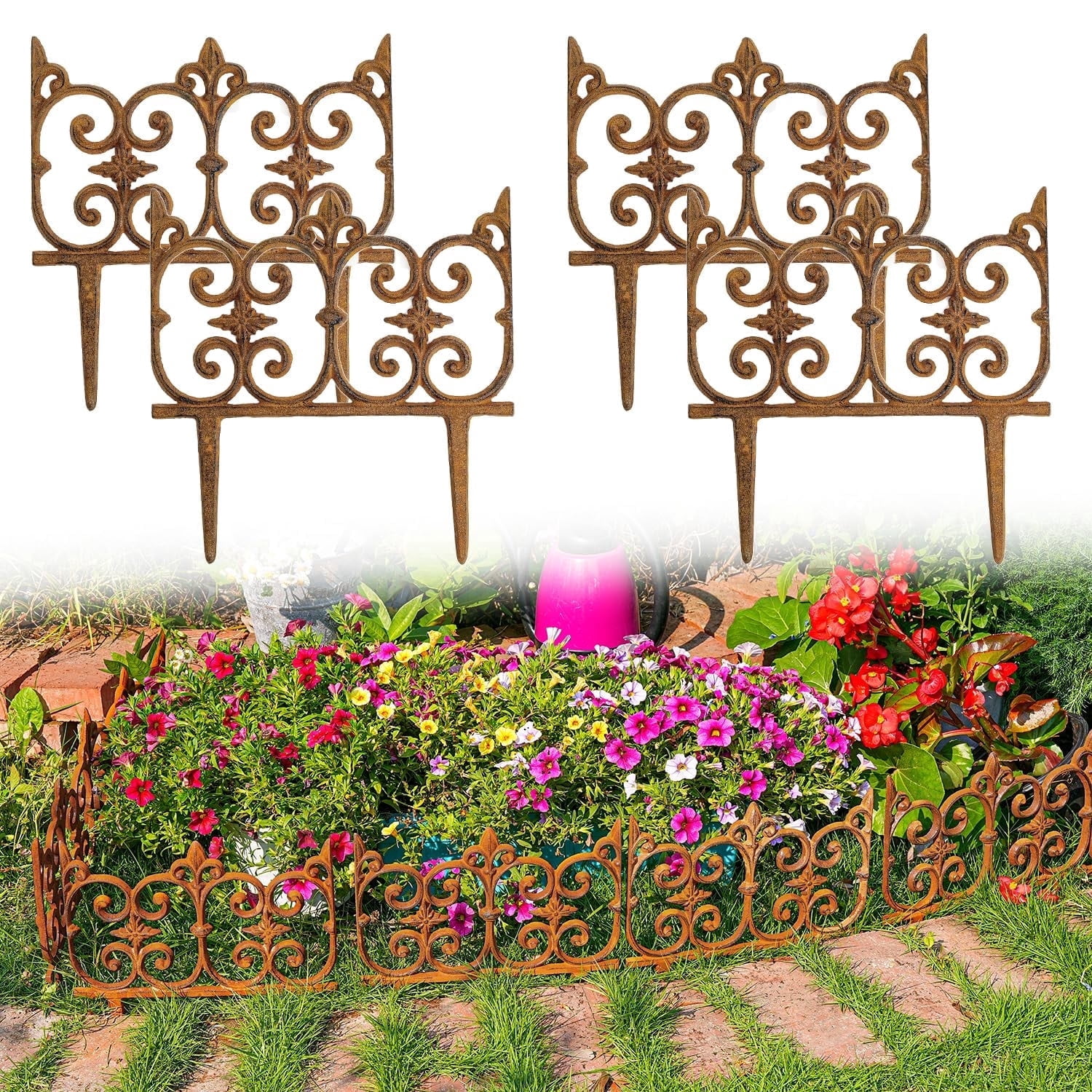 Sungmor 10.6" x 10" Cast Iron Garden Border Edging, Rust, Landscape Decor, 4 Count