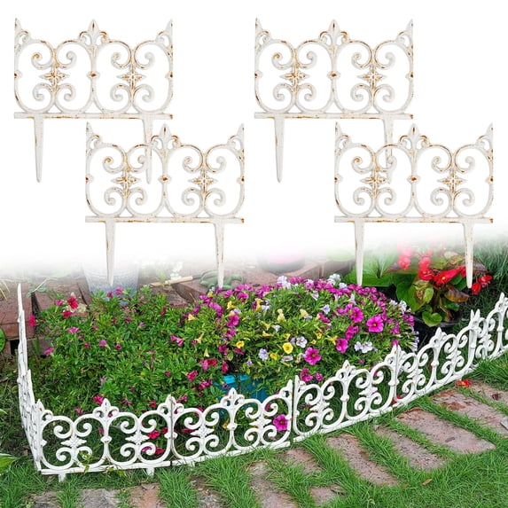 Sungmor 10.6" x 10" Rustic White Cast Iron Garden Edging, Landscape Decor, 4 Count