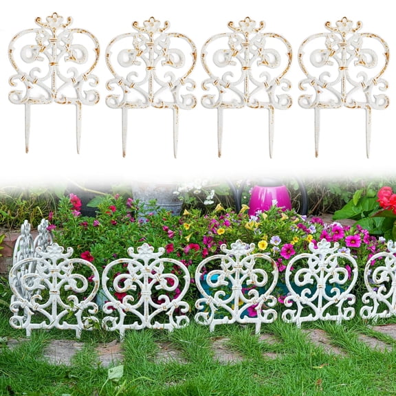 Sungmor Decorative Cast Iron Garden Edging, 4 Pack Rustic White Victorian Garden Edging Landscape Border, Vintage Metal Yard Stake Low Picket Fence, 11.8" Tall Outdoor Flower Bed Lawn Fence Panels
