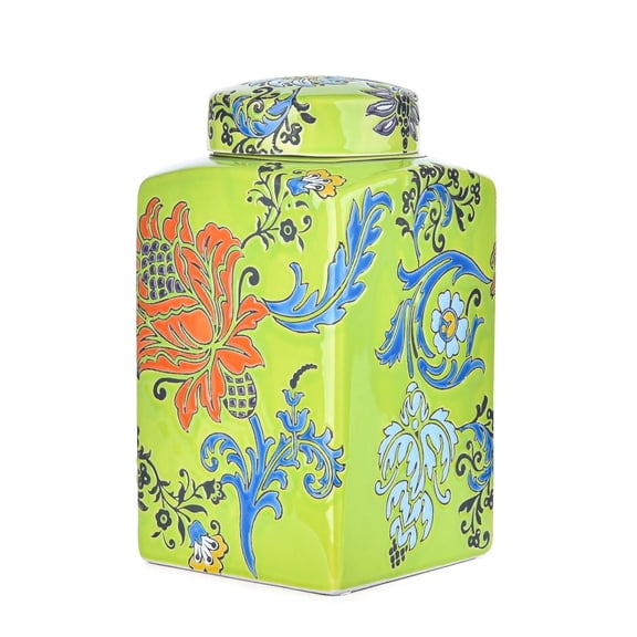 Sungmor Ceramic Ginger Jar with Lid, 8.2" Elegant Floral Tabletop Vase, 1 Count, Green