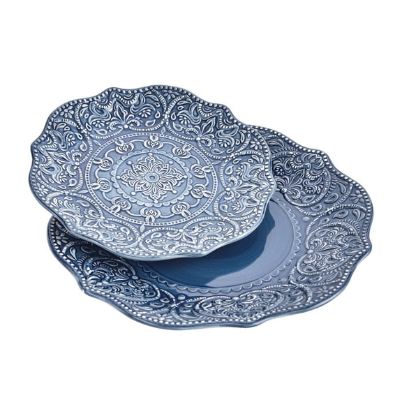 Sungmor Embossed Stoneware Fine Dining Dinnerware, Antique Baroque Style Porcelain Dinner Plates Set of 2, 8.5" Salad Plate & 11" Dinner Plate, Sophisticated Ceramic Serving Platters for Table Decor