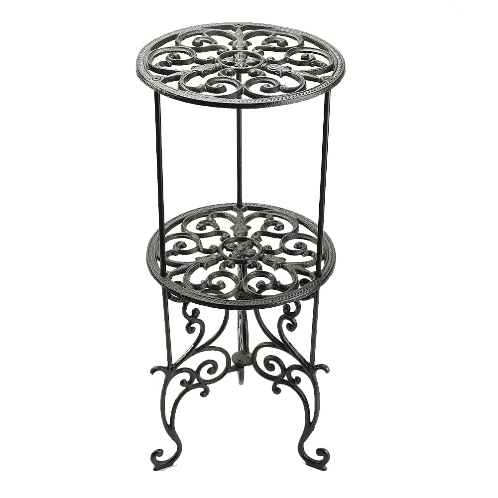 26-Inch Vintage Black Cast Iron 2-Tier Plant Stand