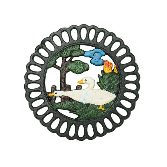 Sungmor Heavy Duty Cast Iron Trivet,Decorative Painting Trivet for Kitchen or Dinning Table,7.5x7.5 Inch - Round with Vintage Lovely Duck Pattern