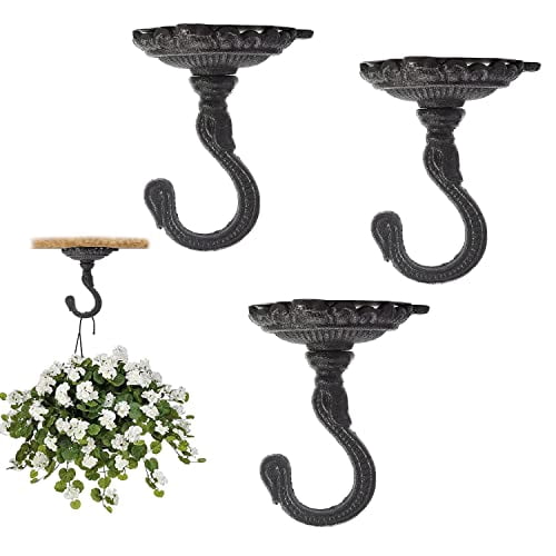 Sungmor Ceiling Hooks for Hanging Plants, 3PC Black Cast Iron Ceiling Hooks, Antique Decorative Ceiling Swag Hooks for Hanging Planter Chandelier Wind Chime Lantern Hanger