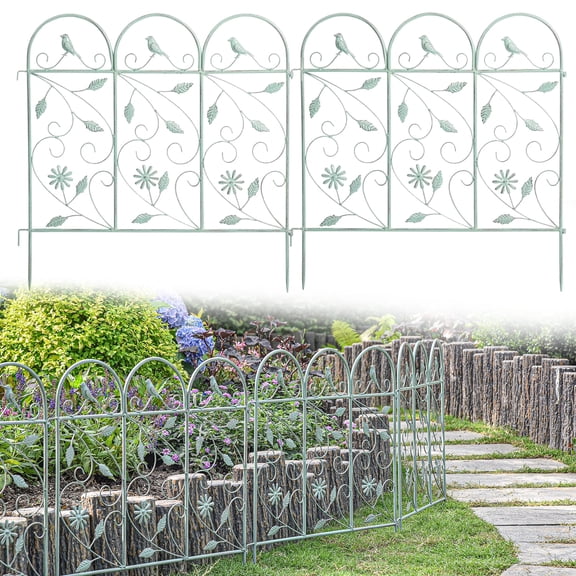Sungmor Rustic Garden Edging Border, Wrought Iron Picket Fence Panels Decorative Landscape, Green, 4-Piece