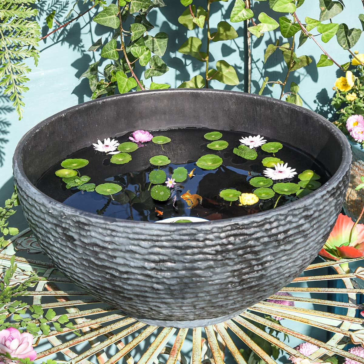 Sungmor Hydroponic Planter Large Garden Bowl Micro Landscape Succulent Pot, 15.6" Dia. 0.5" Thickened Big Water Lily Container - Resin Marble Texture Functional Mini Fish Pond Fountain Bird Bath