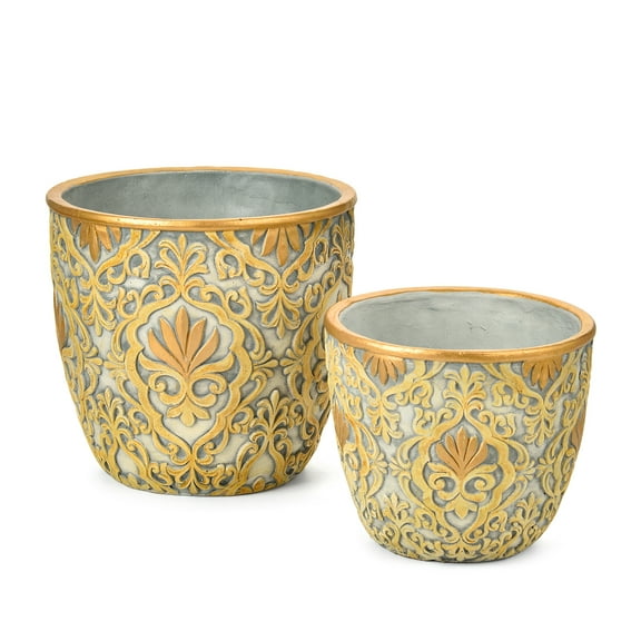 Sungmor Large Heavy Duty Cement Planters, Beautiful Embossed Concrete Garden Pots, 8" & 10" Set of 2 Plant Pots with Drainage Hole, Home Garden Decorative Flower Pots for Indoor Outdoor Plants Floral